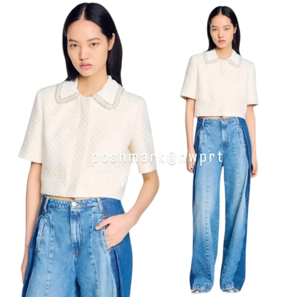 NWT 💯 SANDRO Paris Lahavane Rhinestone Crop Blazer Jacket Blouse Top 34 0 XS - Picture 2 of 13